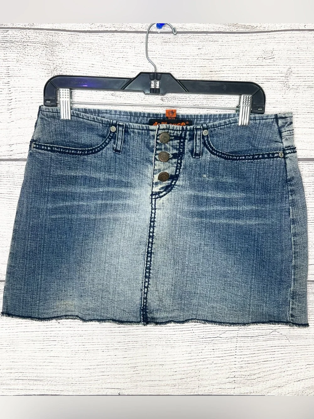 Vintage Y2K Dollhouse Button Fly Distressed Denim Mini Skirt Size 9/10